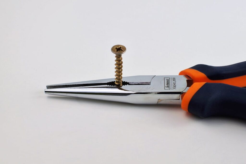 High-quality image of long nose pliers gripping a metal screw on a neutral background.